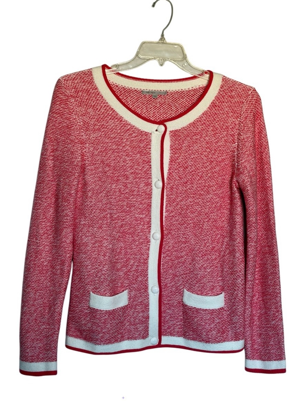GAP Float Jacquard Knit Cardigan Sweater Red White Marled Tweed Trim Size M